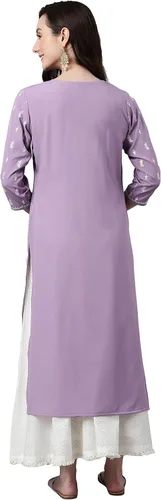 Vista 7 de Janasya Indian Lavender Crepe Foil Print Straight Kurta para mujer