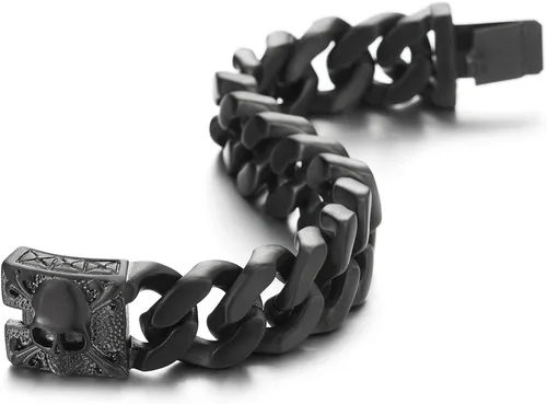 Vista 4 de COOLSTEELANDBEYOND Pulsera de cadena de acero cepillado vintage grande para hombre con flor de lis y calavera