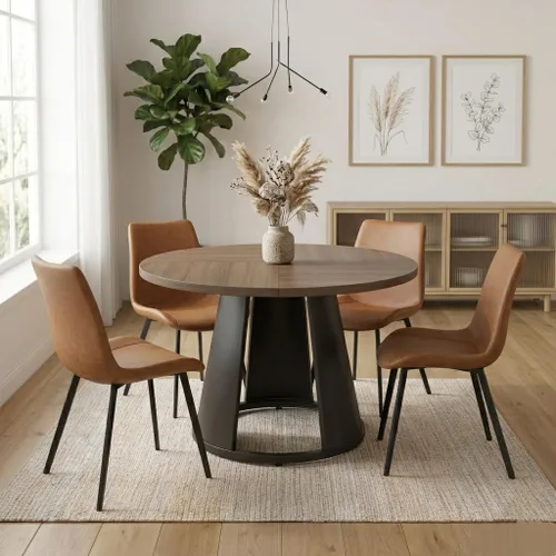 Vista 14 de HIPIHOM Juego de mesa de comedor redonda de 47.2 pulgadas para 4 mesas de madera modernas con 4 sillas tapizadas, base de pedestal de metal, muebles