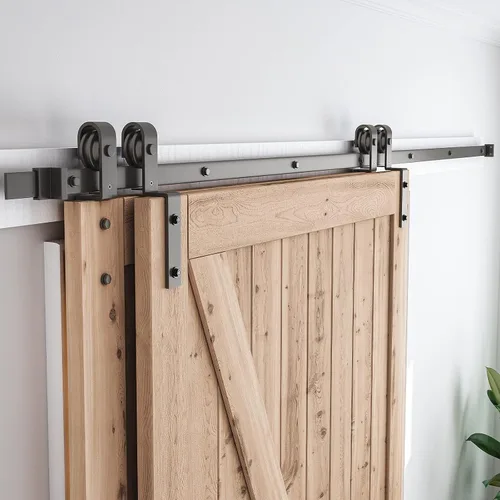 Vista 9 de SMARTSTANDARD Kit de herramientas para puerta corrediza de granero de 4 pies, para puertas de madera dobles - Riel único - Suave y silencioso
