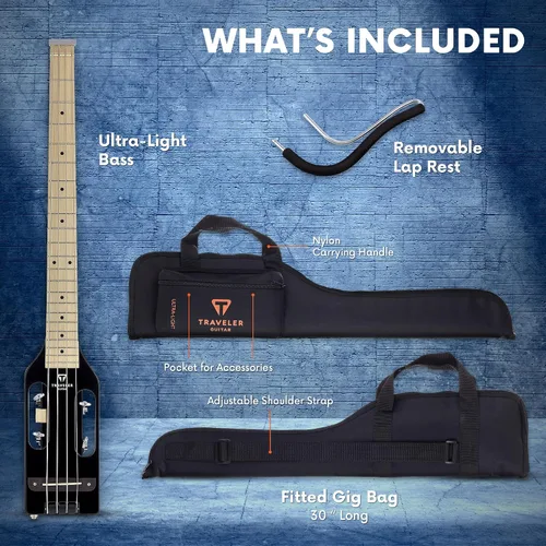 Vista 5 de Traveler Guitar Guitarra Bajo Ultra-Ligera Negro Brillante Guitarra de Bajo de Viaje Pequeña con Apoyo de Regazo Removible Guitarra Portátil sin