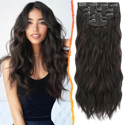 Vista 22 de BARSDAR Extensiones de cabello ondulado con clip negro marrón - 14 pulgadas, extensiones de cabello corto ondulado con clip para mujer - 5 piezas