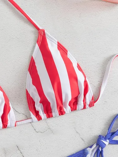 Vista 5 de GORGLITTER Traje de baño con la bandera estadounidense para mujer, parte superior triangular, corte alto, conjunto de bikini