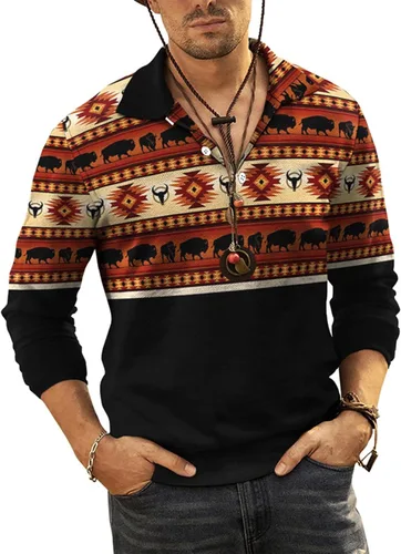 Vista 4 de Camisas para hombre, camisetas gráficas vintage, manga larga, media cremallera, botones, camiseta casual suelta 2023