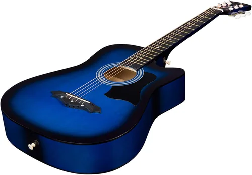 Vista 3 de Joymusic kit de guitarra acústica para principiantes de 38 pulgadas azul brillante, incluye estuche, correa con portapúas, afinador digital, juego