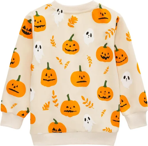 Vista 5 de HILEELANG Sudaderas de Halloween para niños pequeños, de algodón, sin botones, con estampado de calabaza, murciélago, boo, para niños y niñas