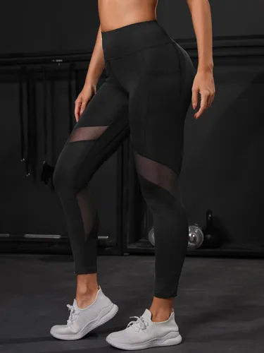 Vista 4 de MakeMeChic Leggings deportivos de cintura alta con inserción de malla para mujer, con bolsillo para teléfono