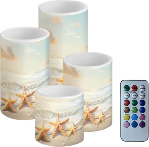 Vista 12 de Velas LED parpadeantes operadas por batería, juego de 4 con control remoto y temporizador, velas de llama danzante, velas de pilar para mesa, Playa