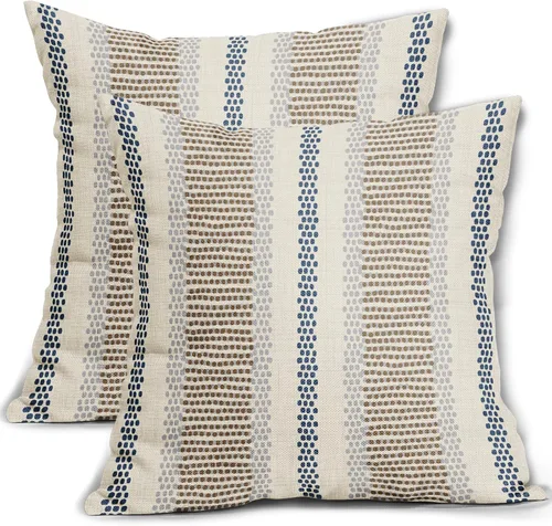 Vista 49 de Juego de 2 fundas de almohada negras y azules con rayas de puntos grises, decorativas para exteriores, estilo boho rústico, para sofá, cama, cojín