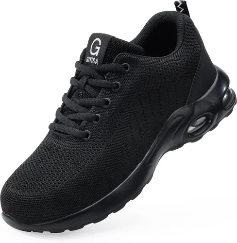 Vista 9 de GLANOUDUN Zapatos de punta de acero para hombre, ligeros, con amortiguación de aire, zapatos de trabajo de seguridad indestructibles, zapatos