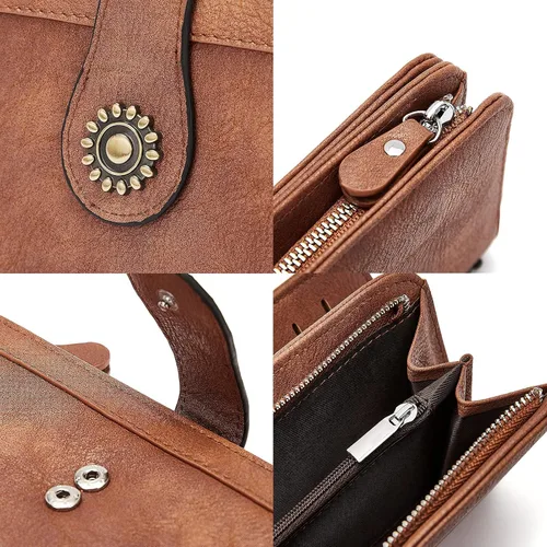 Vista 6 de BROMEN Billeteras de cuero para mujer, cartera grande de mano para teléfono, 1- marrón , Casual