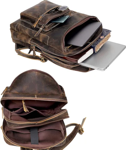 Vista 2 de Mochila de cuero vintage para hombre, bolsa para laptop de 16 pulgadas, gran capacidad, viajes de negocios, senderismo, mochila de hombro, mochila
