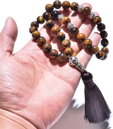 Vista 6 de Pulsera de 33 cuentas de oración con 33 cuentas de oración para hombres y mujeres, color ónix negro y amarillo (ojo de tigre de 0.394in)