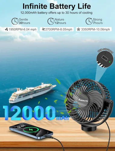 Vista 2 de Ventilador magnético aprobado para cruceros, ventilador de viaje con batería de 12000 mAh con 5 velocidades, linterna LED, temporizador, se pega
