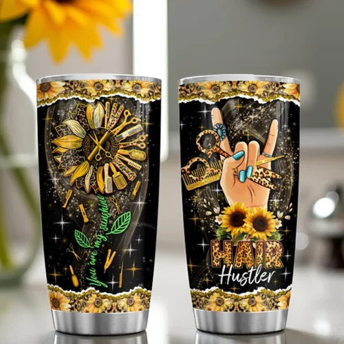 Vista 2 de Hair Hustler - Vaso de acero inoxidable de 20 onzas con texto en inglés "You Are My Sunshine", regalos de girasol para estilistas, regalos