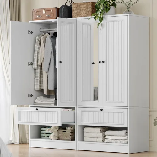 Vista 3 de iPormis Armario de madera con puerta de espejo y cajón, armario para recámara con 2 puertas para colgar ropa, color blanco
