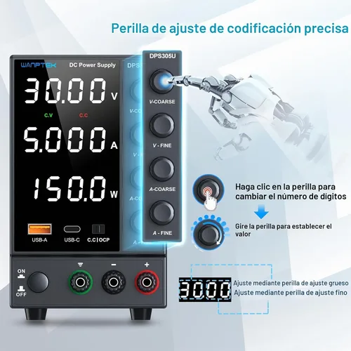 Vista 2 de Fuente de alimentación CC, fuente de alimentación de banco con perilla de codificador, fuente de alimentación regulada ajustable con USB de 5 V 3.6
