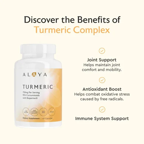 Vista 3 de Alaya Naturals Suplemento de curcumina de cúrcuma con BioPerine – 750 mg por porción, 95% extracto de curcumina cápsulas de cúrcuma para comodidad