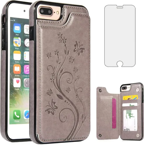 Vista 8 de Funda de teléfono para iPhone 7plus 8plus 7/8 Plus con protector de pantalla de vidrio templado y tarjetero para tarjetero, accesorios de cuero