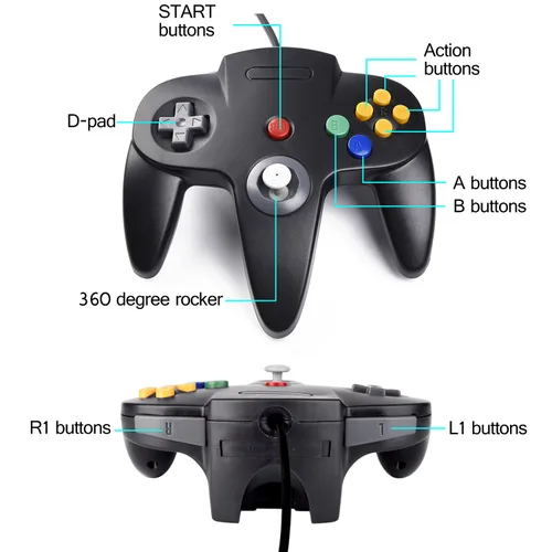 Vista 5 de 2xClassic N64 Controller,kiwitata Retro Wired N64 Gamepad Controller Joystick for N64 Video Console Games System Black+Gray