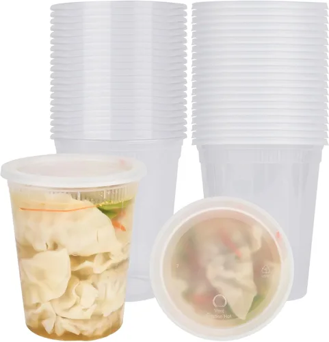Vista 17 de Restaurantware -Asporto - Cajas para llevar de 8 onzas, 25 recipientes redondos para sopa para microondas - Tapas de plástico transparente