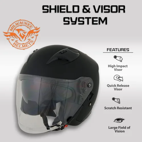 Vista 4 de Milwaukee Performance Helmets MPH9805DOT Shift Open Face 3/4 Matte Black Helmet Biker w/ Drop Down Visor