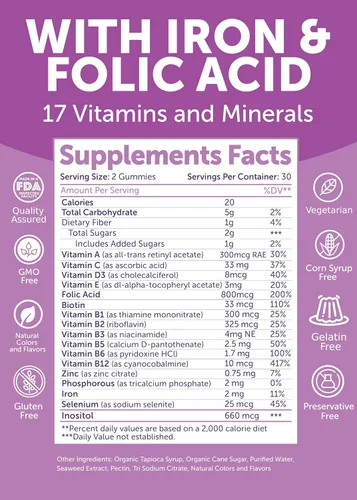 Vista 5 de Lunakai Vitaminas prenatales 17 en 1 fabricadas en Estados Unidos para mujeres con hierro y ácido fólico, deliciosas gomitas prenatales diarias