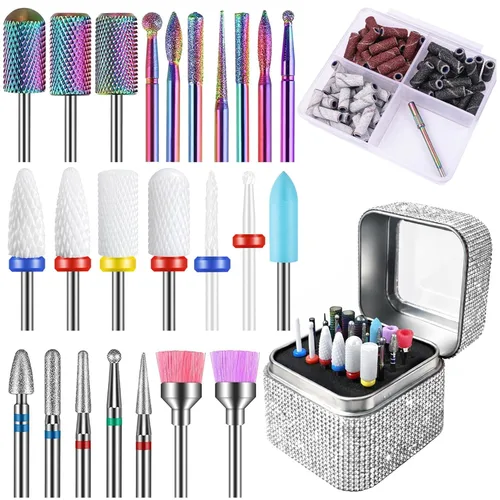 Vista 8 de Juego de 100 brocas de uñas con caja de almacenamiento, 25 brocas profesionales de carburo de tungsteno, cerámica y cutículas + 75 bandas de lijado