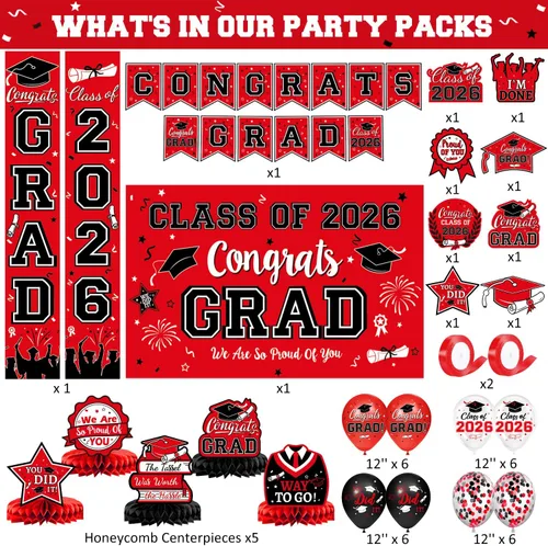 Vista 2 de Decoraciones de graduación 2026, juego de decoraciones de graduación rojo y negro con pancarta y telón de fondo de felicitaciones, letrero
