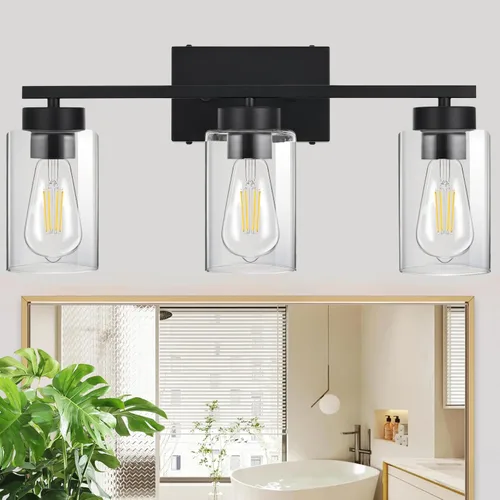 Vista 5 de Lámpara de tocador de baño de 3 luces, modernas luces de pared negras con pantallas de vidrio transparente, lámpara de pared de baño para espejo 3