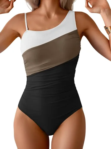Vista 29 de Aidonger Traje de baño de una pieza con un hombro para mujer, traje de baño de bloque