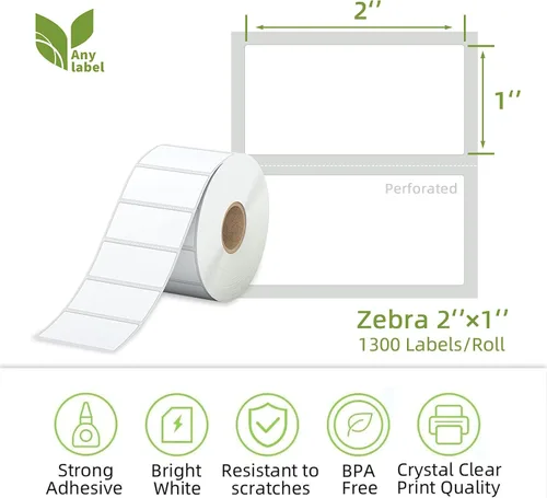 Vista 2 de Etiqueta térmica directa de 2 x 1 pulgadas, papel para códigos de barras, franqueo, dirección, perforada y compatible con impresoras Rollo, Zebra