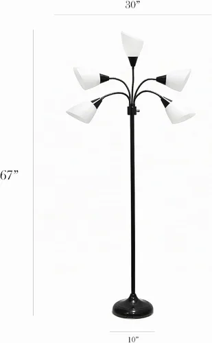 Vista 5 de Simple Designs LF2006-BAW 67" Lámpara de pie contemporánea con múltiples cabezales Medusa de 5 luces, lámpara de pie ajustable de cuello de cisne