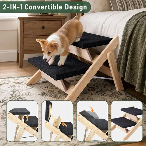 Vista 3 de Escaleras para perros, rampa para cama, escaleras y rampa plegables de madera 2 en 1 para mascotas, escalón portátil para perros de hasta 180 libras