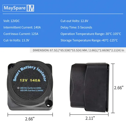 Vista 3 de Kit de Aislamiento de Batería Dual MaySpare 12V 140Amp Relé Sensible al Voltaje VSR Cargador Automático de Batería Doble y Kit de Cableado