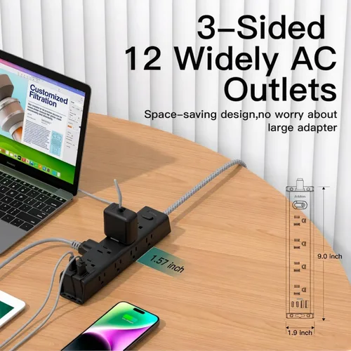 Vista 8 de Addtam Regleta protectora de sobretensiones negra con 12 salidas de CA y 4 puertos USB, cable de extensión de 5 pies, montaje en pared de enchufe