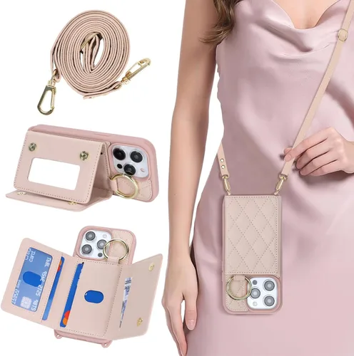 Vista 11 de Funda para iPhone 14 con tarjetero y correa para mujer, cordón cruzado, espejo de maquillaje, soporte de anillo, cierre a presión, bonitas fundas
