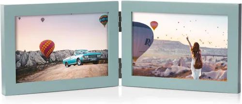 Vista 29 de Marco de fotos doble de 4 x 6 pulgadas con bisagras horizontales, marco de fotos plegable en madera de pino negro con vidrio real para mesa