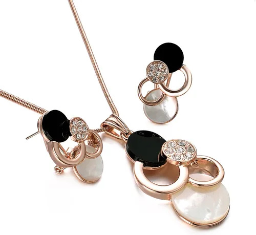 Vista 4 de Yoursfs White and Black Shell Pendant Necklace and Earrings Sets for Women 18K Rose Gold Plated Fashion Costume Jewellery Set for Wedding Dinner