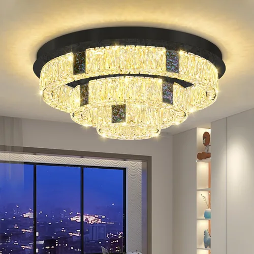Vista 11 de Candelabro de cristal LED moderno de 32 pulgadas para sala de estar, lámpara redonda de cristal de 3 niveles, lámpara de techo de cristal negro