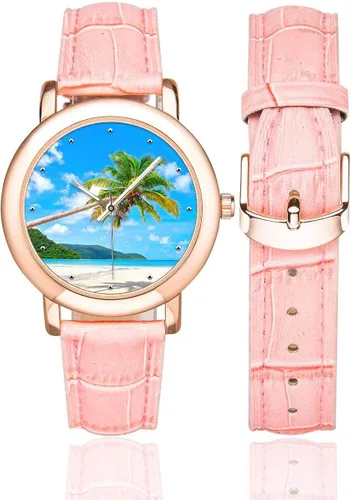 Vista 2 de InterestPrint Palm Tree over Tropical Beach - Reloj de pulsera para mujer, chapado en oro rosa, correa de cuero rosa