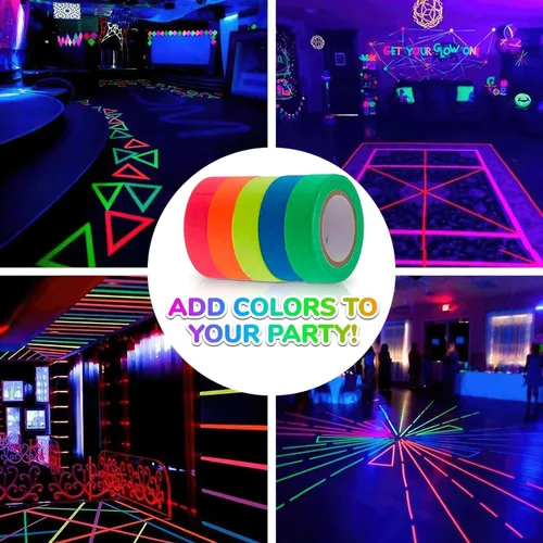 Vista 5 de Paquete de 5 cintas de luz negra – Cinta de neón reactiva a los rayos UV, juego multicolor: verde, rojo, amarillo, rosa y azul, cada rollo mide 16
