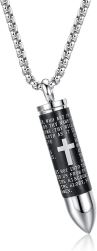 Vista 14 de Collar de acero inoxidable con forma de urna para cenizas con dije en forma de bala, oración del padrenuestro, collar para hombres, urna para Cadena