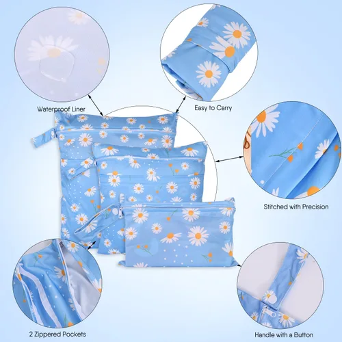 Vista 3 de 3 bolsas para pañales de tela para bebé, impermeables, reutilizables, con 2 bolsillos con cremallera y asa, bolsas de lavandería lavables
