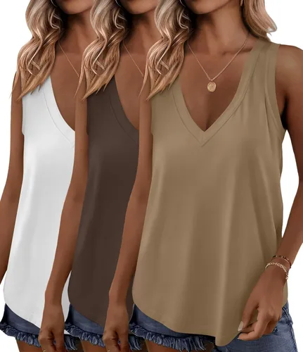 Vista 11 de KKJ Paquete de 3 camisetas sin mangas para mujer 2026 primavera verano vacaciones trajes cuello en V suelta sin mangas blusa casual camisas ropa
