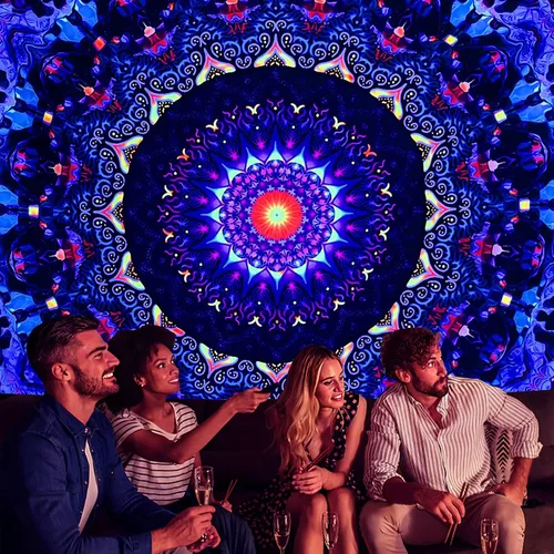 Vista 7 de OSVINO Tapiz de mandala trippy de luz negra, 59 x 51 pulgadas, tapiz de fantasía reactiva a los rayos UV, decoración de pared para sala de estar