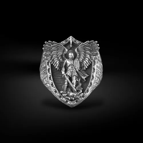 Vista 2 de BySilverStone Jewelry - Anillo de hombre con sello de alas de dragón de arcángel Miguel extraordinario anillo de fe cristiana de plata de ley