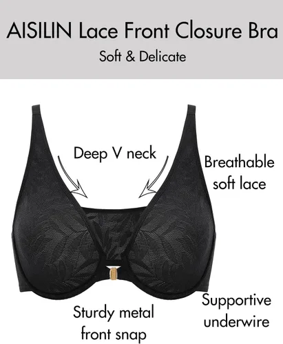 Vista 3 de AISILIN Sujetadores con cierre frontal para mujer, talla grande, sin forro, encaje suave, con aros