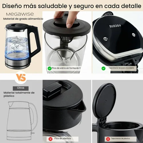 Vista 5 de MEGAWISE 2L Hervidor eléctrico de cristal, caldera de agua de 1000W con luz Negro