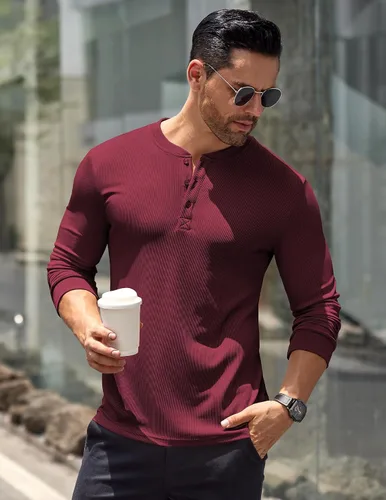 Vista 59 de COOFANDY Camisas Henley de manga larga para hombre, camisetas elásticas acanaladas, camisetas básicas casuales de moda